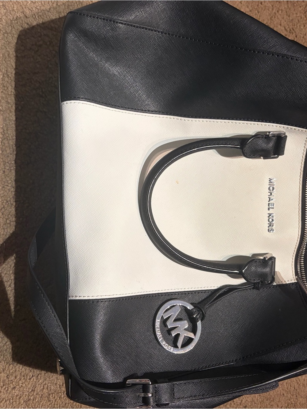 Michael Kors Black and White Saffiano Leather Tote with MK Charm